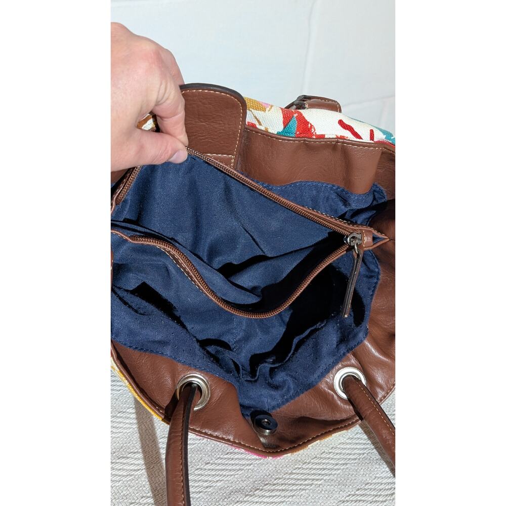 Merona Floral Print Satchel Handbag Brown Faux Leather Trim Shoulder Bag Purse - Picture 8 of 9